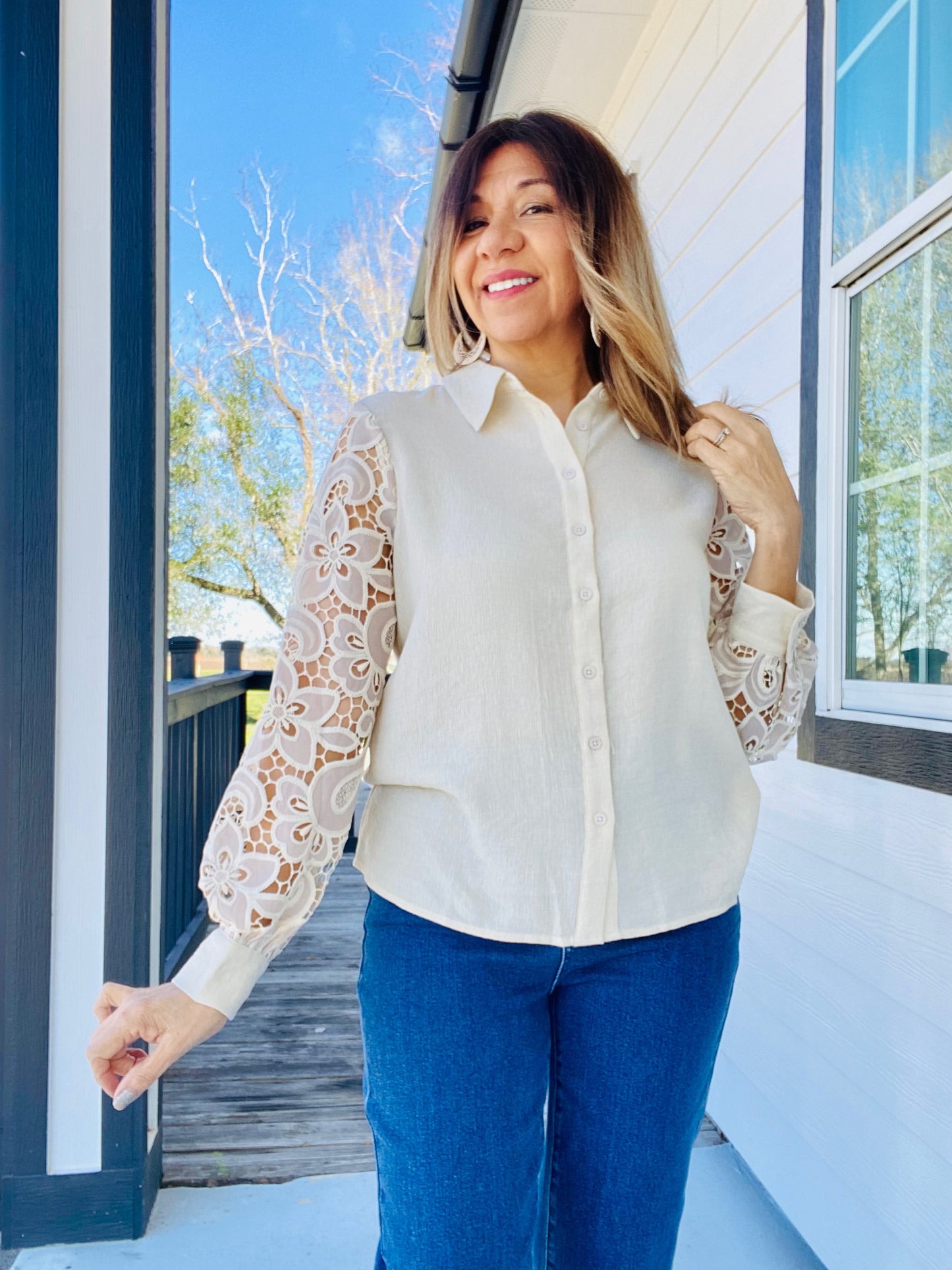 Oat Lace Sleeve Top